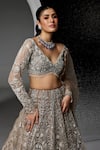 Opus Atelier_Silver Net, Tulle Beads, Fringe, Sequins, Dull Grey And Natalie Lehenga Set _Online_at_Aza_Fashions