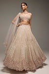 Shop_Opus Atelier_Beige Tulle, Net Embroidery, Zari, Sequins, Beads V-neck Kristen Lehenga Set _at_Aza_Fashions