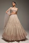 Opus Atelier_Beige Tulle, Net Embroidery, Zari, Sequins, Beads V-neck Kristen Lehenga Set _Online_at_Aza_Fashions