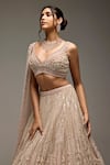 Buy_Opus Atelier_Beige Tulle, Net Embroidery, Zari, Sequins, Beads V-neck Kristen Lehenga Set _Online_at_Aza_Fashions