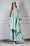 Buy_House Of Supriya_Aqua Dupion, Silk, Chiffon Embroidery, Tassels V-neck Asymmetric Kurta Set _at_Aza_Fashions