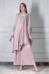 Buy_House Of Supriya_Pink Embroidery, Metallic Thread, Zari V-neck Asymmetric Kurta Set _at_Aza_Fashions