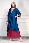 Buy_House Of Supriya_Teal Dupion, Chiffon Embroidery, Zari, Tassels V-neck Yoke Kurta Palazzo Set _Online_at_Aza_Fashions
