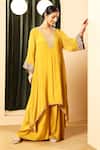 Shop_House Of Supriya_Mustard Chiffon, Satin Embroidery, Metallic Thread V-neck Kurta With Palazzo _Online_at_Aza_Fashions