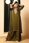 Buy_House Of Supriya_Olive Green Chiffon, Satin Embroidery, Metallic Thread V-neck Kurta With Palazzo _Online_at_Aza_Fashions
