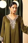 Shop_House Of Supriya_Olive Green Chiffon, Satin Embroidery, Metallic Thread V-neck Kurta With Palazzo _Online_at_Aza_Fashions