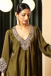 Shop_House Of Supriya_Olive Green Satin Embroidery V-neck Kurta With Palazzo _Online_at_Aza_Fashions