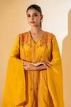 K-Anshika_Mustard Crepe Embroidery V-neck Asymmetric Tunic With Pant _Online_at_Aza_Fashions