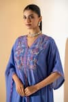 Buy_K-Anshika_Blue Crepe, Organza Embroidery V-neck Floral Pattern Kurta Set _Online_at_Aza_Fashions