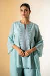 K-Anshika_Sky Blue Crepe, Organza Embroidery Split V-neck Kurta Set _Online_at_Aza_Fashions