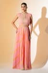 Buy_K-Anshika_Pink Georgette Beads, Stones, Sequins High Neck Leheriya Pattern Dress _at_Aza_Fashions