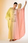 Buy_K-Anshika_Lime Georgette Embroidery, Beads, Sequins V-neck Ombre Sunset Kaftan And Pant Set _at_Aza_Fashions