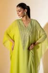 K-Anshika_Lime Georgette Beads, Embroidery V-neck Green Ombre Kaftan With Pant _Online_at_Aza_Fashions