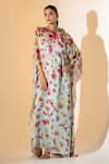 Buy_K-Anshika_Green Georgette Embroidery, Zari High Neck Tie-dye Kaftan _at_Aza_Fashions