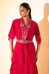 K-Anshika_Pink Chanderi, Crepe Embroidery, Tassels V-neck Top And Skirt Set _Online_at_Aza_Fashions