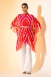 Buy_K-Anshika_Orange Georgette Embroidery Mandarin Collar Leheriya Pattern Top And Pant Set _at_Aza_Fashions