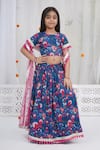 Buy_Little Bansi_Blue Cotton Pom-poms, Sequins, Lace Floral Pattern Lehenga Set _at_Aza_Fashions