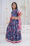 Little Bansi_Blue Cotton Pom-poms, Sequins, Lace Floral Pattern Lehenga Set _at_Aza_Fashions