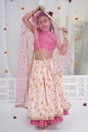 Shop_Little Bansi_Pink Cotton, Linen, Net Embroidery, Sequins, Gota Floral Pattern Lehenga Set _Online_at_Aza_Fashions