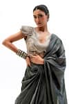 Shop_Garo_Gray Silk Embroidery, Beads, Sequins Geometric Blouse With Pre-draped Saree _Online_at_Aza_Fashions