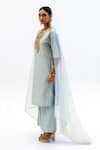 Garo_Blue Silk, Organza Embroidery Round Neck Tribal Kurta Set _Online_at_Aza_Fashions