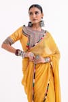 Buy_Garo_Mustard Chiffon, Silk Tassels, Embroidery Round Neck Tribal Blouse With Saree _Online_at_Aza_Fashions