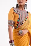 Shop_Garo_Mustard Chiffon, Silk Tassels, Embroidery Round Neck Tribal Blouse With Saree _Online_at_Aza_Fashions
