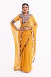 Buy_Garo_Mustard Chiffon, Silk Tassels, Embroidery Round Neck Tribal Blouse With Saree _at_Aza_Fashions