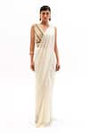 Buy_Garo_Off White Chiffon, Silk, Muslin Embroidery Stripe Blouse With Pre-draped Saree _at_Aza_Fashions