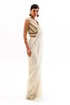 Garo_Off White Chiffon, Silk, Muslin Embroidery Stripe Blouse With Pre-draped Saree _Online_at_Aza_Fashions