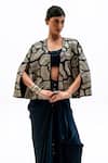 Garo_Blue Silk Embroidery Open , Round Geometric Jacket And Draped Skirt Set _Online_at_Aza_Fashions