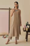 Buy_Bhawna Sethi_Beige Chanderi Cotton, Silk, Chanderi, Cotton, Saaz Ribbon Placement Kurta Set _Online_at_Aza_Fashions