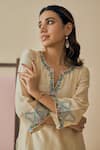 Shop_Bhawna Sethi_Yellow Cotton, Silk, Chanderi, Organza Embroidery V-neck Savera Kurta Pant Set _at_Aza_Fashions