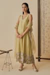 Buy_Bhawna Sethi_Lime , Cotton, Silk, Cotton, Organza Pehar Neckline Kurta Set _at_Aza_Fashions
