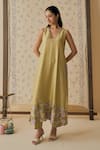 Shop_Bhawna Sethi_Lime , Cotton, Silk, Cotton, Organza Pehar Neckline Kurta Set _at_Aza_Fashions