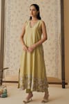Buy_Bhawna Sethi_Lime , Cotton, Silk, Cotton, Organza Pehar Neckline Kurta Set 