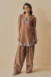 Shop_Bhawna Sethi_Brown Chanderi Silk, Cotton, Organza Embroidery V-neck Kahwa Kurta Set 
