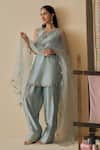 Buy_Bhawna Sethi_Sky Blue Chanderi Cotton, Silk, Organza Embroidery V-neck Aasmani Kurta Set _at_Aza_Fashions