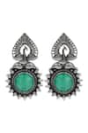 Shop_Sangeeta Boochra_Green Stones Peacock Heritage Silver Earrings _at_Aza_Fashions