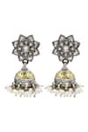 Shop_Sangeeta Boochra_Silver Plated Pearls, Stones Handcrafted Floral Jhumkas _at_Aza_Fashions