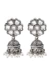 Shop_Sangeeta Boochra_White Pearls, Zari Handcrafted Floral Silver Jhumka Earrings _at_Aza_Fashions