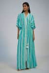 Buy_Nadima Saqib_Blue Cotton Sequins, Beads V-neck Stripe Print Kaftan With Pant _at_Aza_Fashions