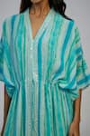 Nadima Saqib_Blue Cotton Sequins, Beads V-neck Stripe Print Kaftan With Pant _Online_at_Aza_Fashions