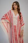 Nadima Saqib Pink Cotton Embroidery V-neck Pastel Striped Kaftan Online at Aza Fashions Nadima Saqib_Pink Cotton Embroidery V-neck Pastel Striped Kaftan _Online_at_Aza_Fashions