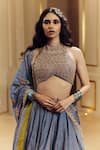 Shop_Punit Balana_Blue Tissue, Silk Embroidery, Zari, Sequins Halter Neck Saleti Amer Lehenga Set _at_Aza_Fashions