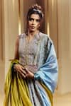 Punit Balana_Blue Tissue, Organza Embroidery, Applique Amer Koti Jacket And Lehenga Set _Online_at_Aza_Fashions