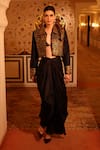 Punit Balana_Black Chanderi Silk, Satin Embroidery Round Neck, Amer Cropped Jacket Set _Online_at_Aza_Fashions