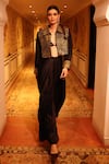 Shop_Punit Balana_Black Chanderi Silk, Satin Embroidery Round Neck, Amer Cropped Jacket Set _at_Aza_Fashions