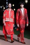 Shop_Punit Balana_Red Satin, Silk Embroidery Surkh Laal Jacket Kurta Set _at_Aza_Fashions
