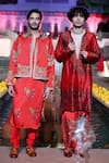 Shop_Punit Balana_Red Organza, Silk Embroidery, Foil Printing Abstract Kurta With Pant _at_Aza_Fashions